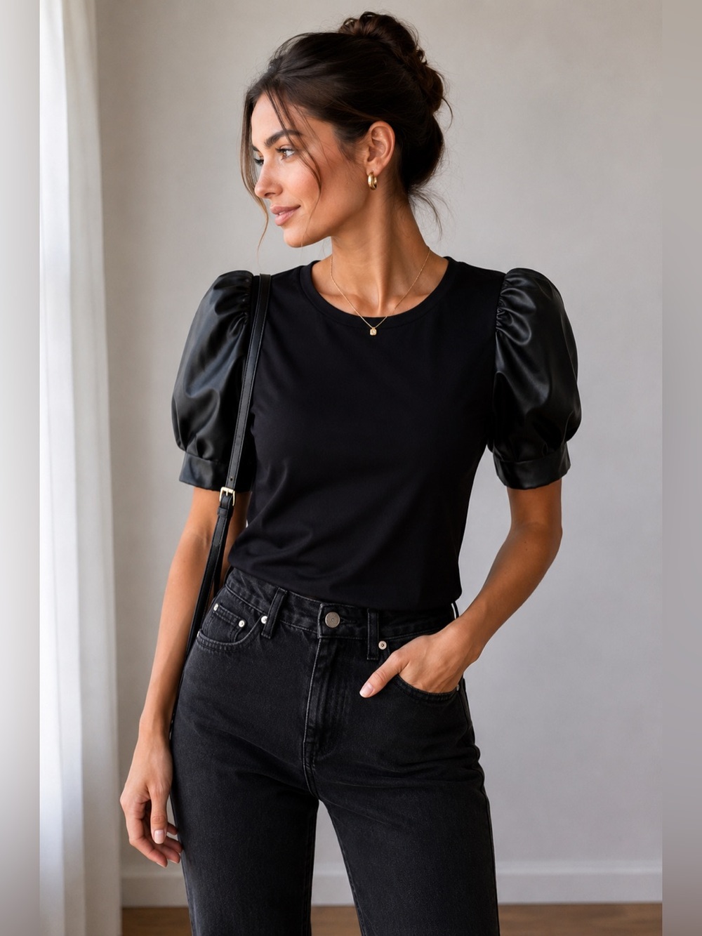 🖤 Alice + Olivia Black Edyth Puff Leather Sleeve Top 💃 (On Trend 2026 🖤)